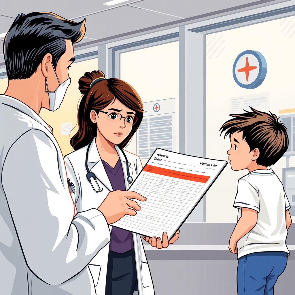 A healthcare professional examining a vaccination chart in a clinic, with a concerned parent and child in the background. The setting is bright and clinical, emphasizing the importance of vaccinations in public health.