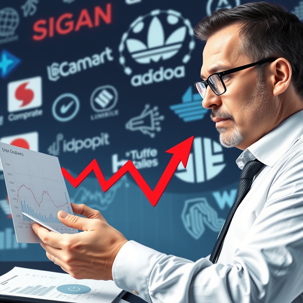 A graph showing a downward trend in a financial chart, with a red arrow indicating a potential downgrade, amidst a background of corporate logos and financial symbols.